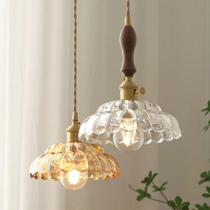Artfan Amber Glass Walnut Wood LED Pendant Lamp with Copper Knob Switch