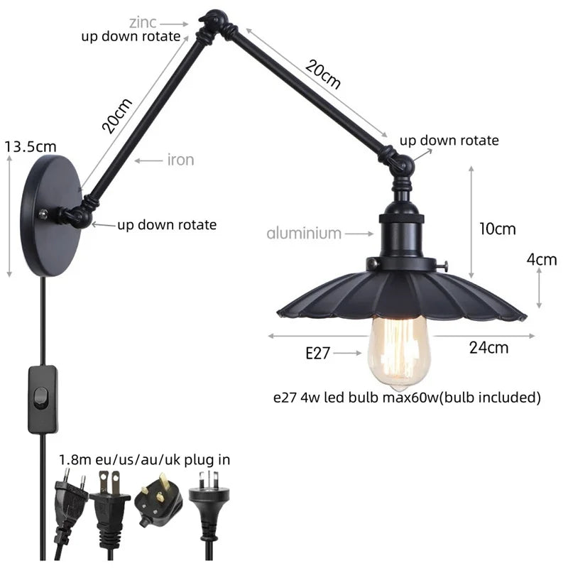 Artfan lighting Black Iron LED Wall Light Fixture Industrial Vintage Adjustable Long Arm