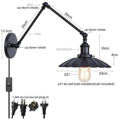Artfan lighting Black Iron LED Wall Light Fixture Industrial Vintage Adjustable Long Arm