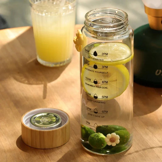 Artfan 700ML Glass Water Bottle with Time Scale and Stainless Steel Tea Filter | High-End Travel Drinking Cup