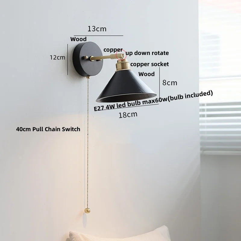 Artfan lighting Black Wood LED Wall Light with Pull Chain Switch, Rotating Japanese Style Bedside Lamp