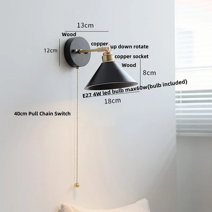 Artfan lighting Black Wood LED Wall Light with Pull Chain Switch, Rotating Japanese Style Bedside Lamp