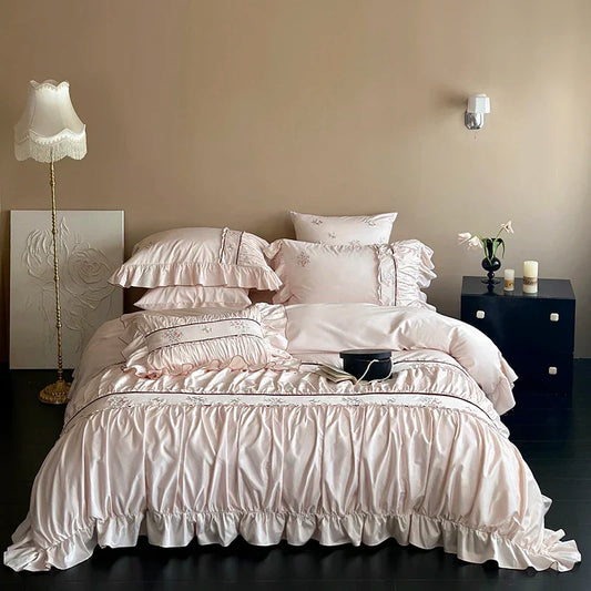 Artfan 1000TC Cotton Flowers Embroidery Lace Ruffles Bedding Set