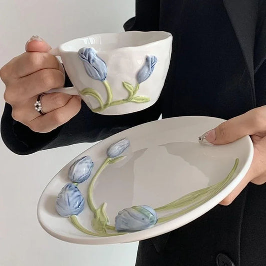 Artfan 3D Embossed Tulip Ceramic Coffee Mug - Handcrafted Irregular Flower Cup