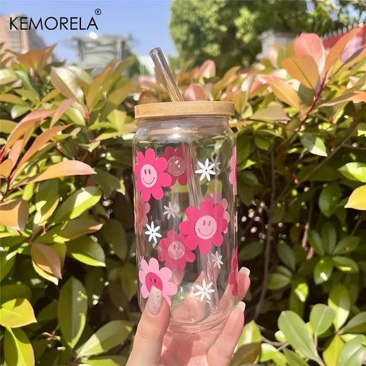 Artfan 470ML Pink Smiling Flower Theme Beverage Glass - Set of 1/2/4