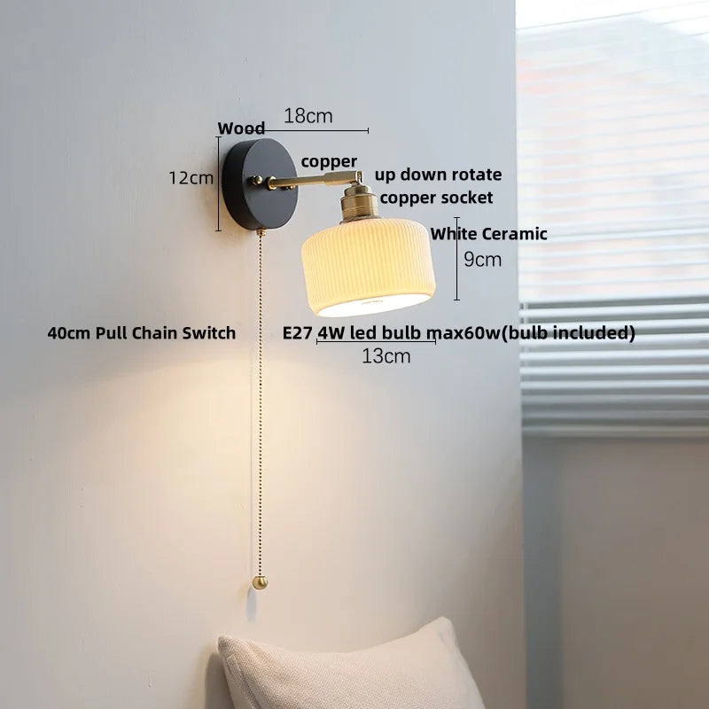 Artfan lighting Black Wood LED Wall Light with Pull Chain Switch, Rotating Japanese Style Bedside Lamp