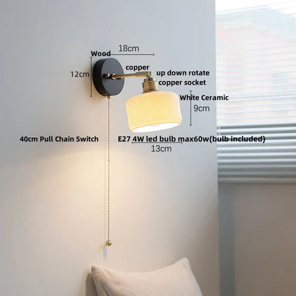Artfan lighting Black Wood LED Wall Light with Pull Chain Switch, Rotating Japanese Style Bedside Lamp