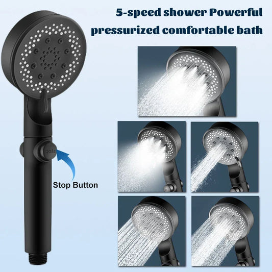 Artfan Adjustable High-pressure Shower Head - 5 Modes, One-key Stop Water, Water-saving Hand-held