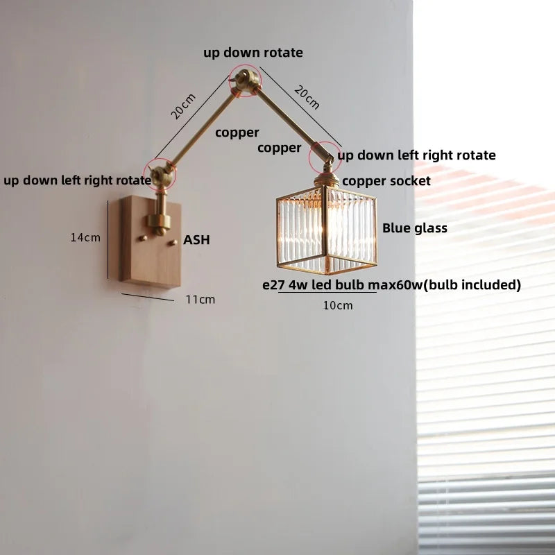 Artfan Ash Wood LED Wall Lights Swing Arms Blue Glass Bedside Lamp