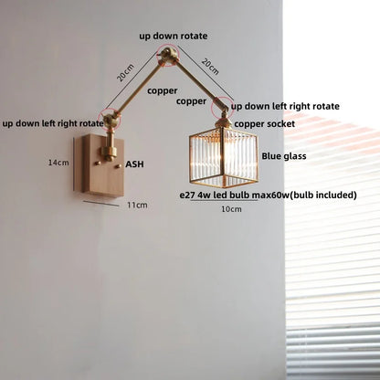 Artfan Ash Wood LED Wall Lights Swing Arms Blue Glass Bedside Lamp