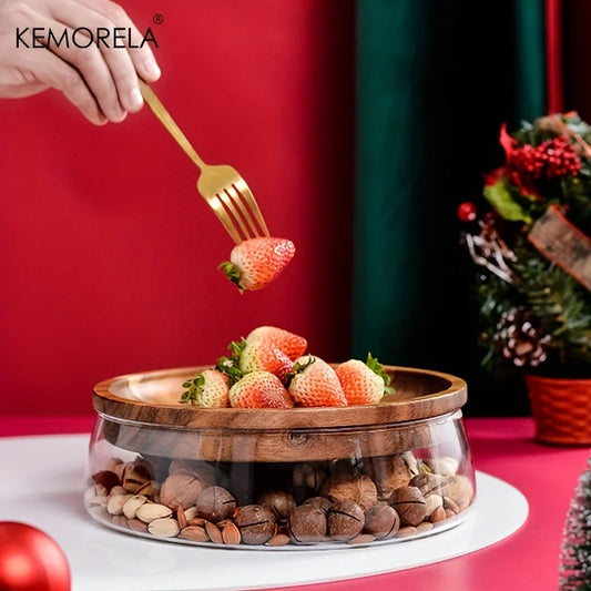 Artfan Wooden Trays Glass Bowl Double Layer Candy Jars Set