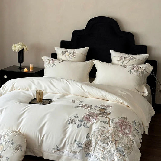 Artfan 5-Piece Chinese Flowers Bird Embroidery Bedding Set, 1000TC Egyptian Cotton, Queen King
