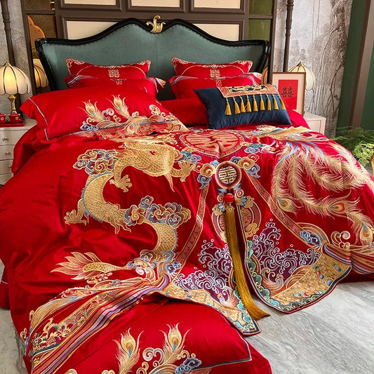Artfan Luxury Gold Loong Phoenix Embroidery Bedding Set, 1000TC Egyptian Cotton