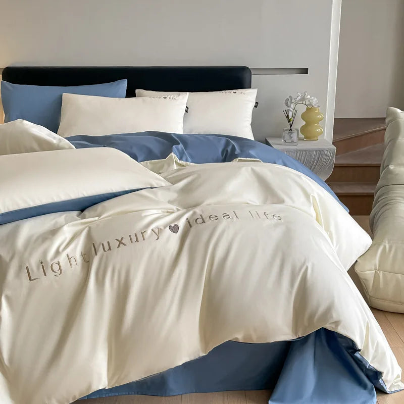 Artfan 120S Long Staple Cotton Satin Embroidery Bedding Set - Solid Color Twin Full Double Comforter