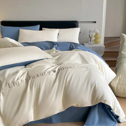 Artfan 120S Long Staple Cotton Satin Embroidery Bedding Set - Solid Color Twin Full Double Comforter