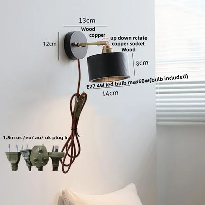 Artfan lighting Black Wood LED Wall Light with Pull Chain Switch, Rotating Japanese Style Bedside Lamp