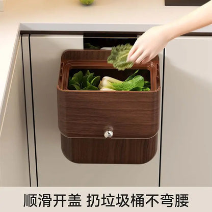 Artfan Antique Style Wood Grain Hanging Kitchen Trash Can with Lid
