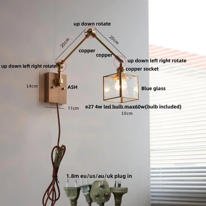 Artfan Ash Wood LED Wall Lights Swing Arms Blue Glass Bedside Lamp
