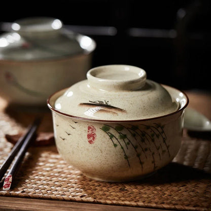 Artfan 6.5inch Retro Ceramic Ramen Bowl Set with Lid, Chopsticks, and Spoons