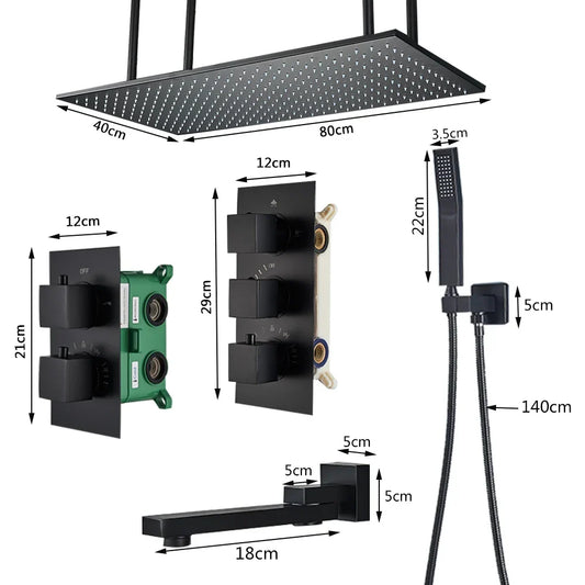 Artfan lighting Black Brass Thermostatic Shower Faucet with Ceiling Rainfall Shower Head