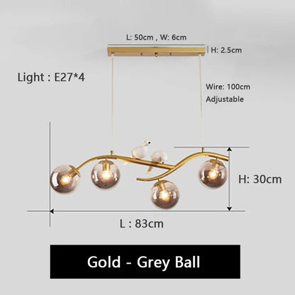 Artfan lighting Birds Hanging Glass LED Chandelier in Black & Gold Iron - Modern Kitchen Island Light