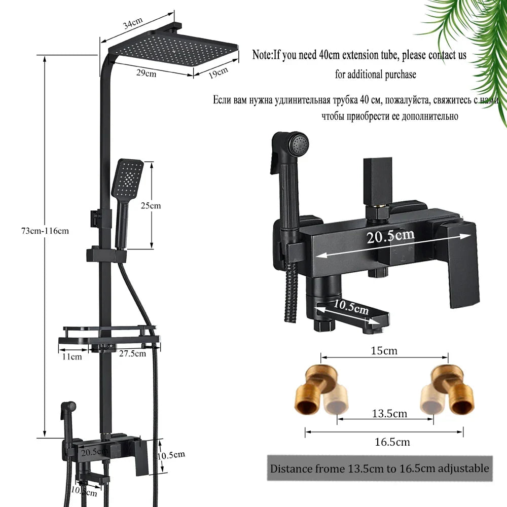 Artfan lighting Black Brass Shower Faucet Set Rainfall Bathtub Tap With Bathroom Shelf