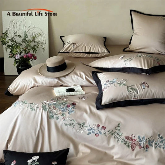 Artfan 1000TC Cotton Butterfly Flowers Embroidery Bedding Set with Duvet Cover, Sheet, Pillowcases