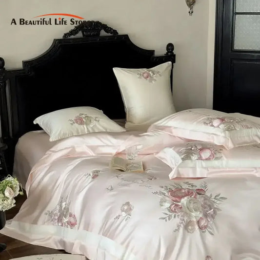 Artfan 4-Pc Flowers Embroidery Bedding Set 1000TC Egyptian Cotton Duvet Cover Sheets
