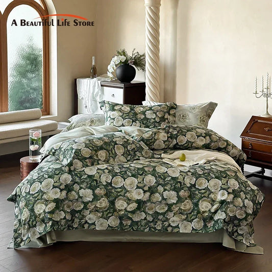 Artfan 1000TC Egyptian Cotton Floral Bedding Set: Duvet Cover, Flat/Fitted Sheet, Pillowcase