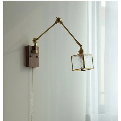 Artfan Ash Wood LED Wall Lights Swing Arms Blue Glass Bedside Lamp