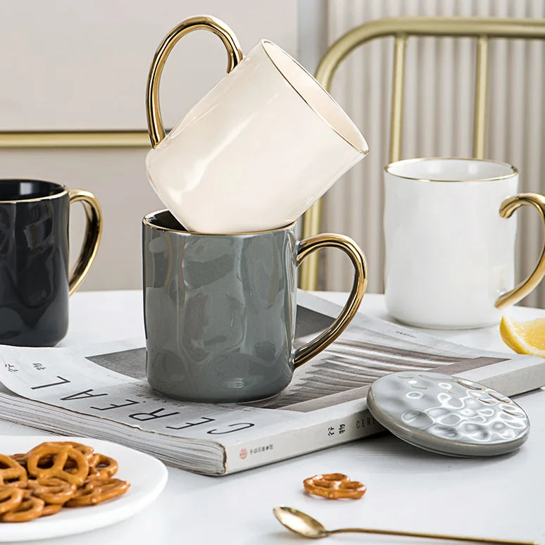Artfan Nordic Gold Rim Mug Set - Light Luxury Ceramic Coffee Cups with Handle