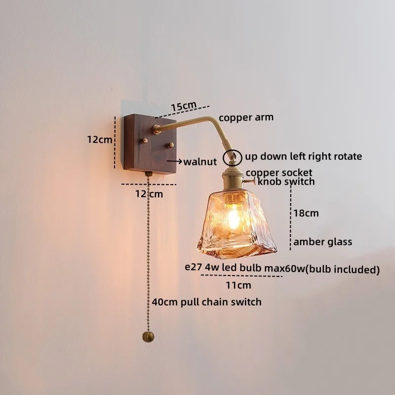 Artfan Amber Glass LED Wall Sconce Pull Chain Switch.