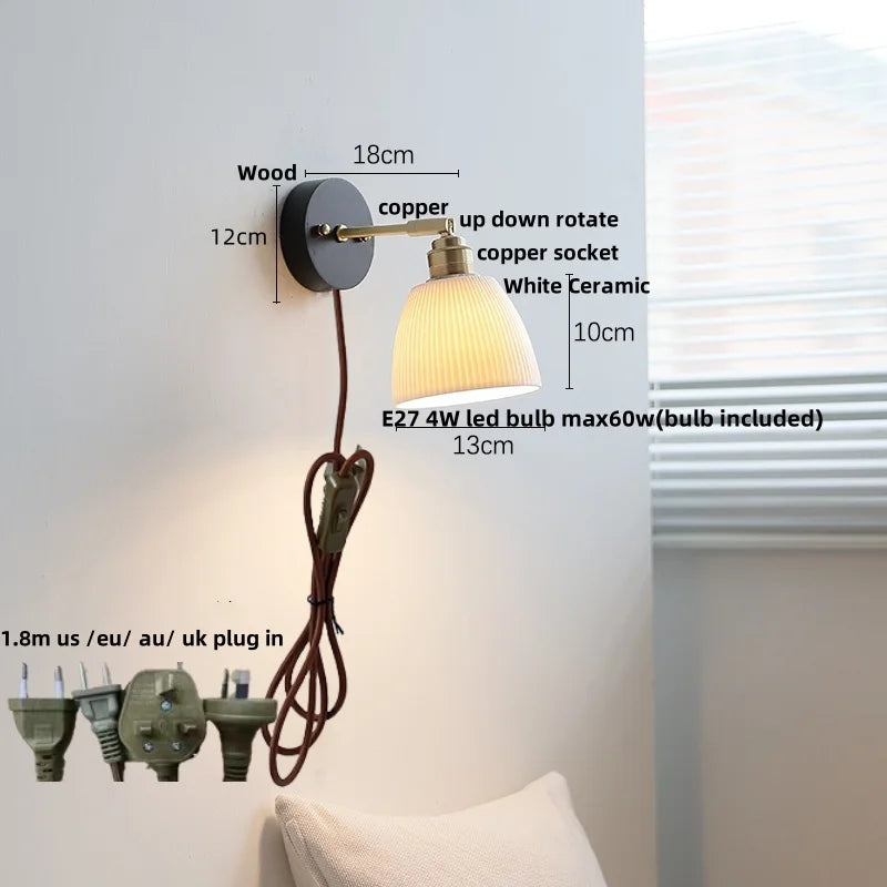 Artfan lighting Black Wood LED Wall Light with Pull Chain Switch, Rotating Japanese Style Bedside Lamp
