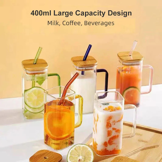 Artfan 400ml Square Glass Mug with Lid and Straw | Versatile Party Beverage Cup
