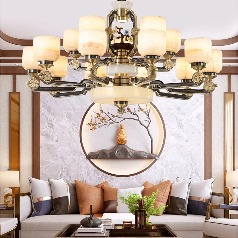 Artfan All Copper Jade Chandelier for Living Room, Villa Duplex Multi-storey Lighting