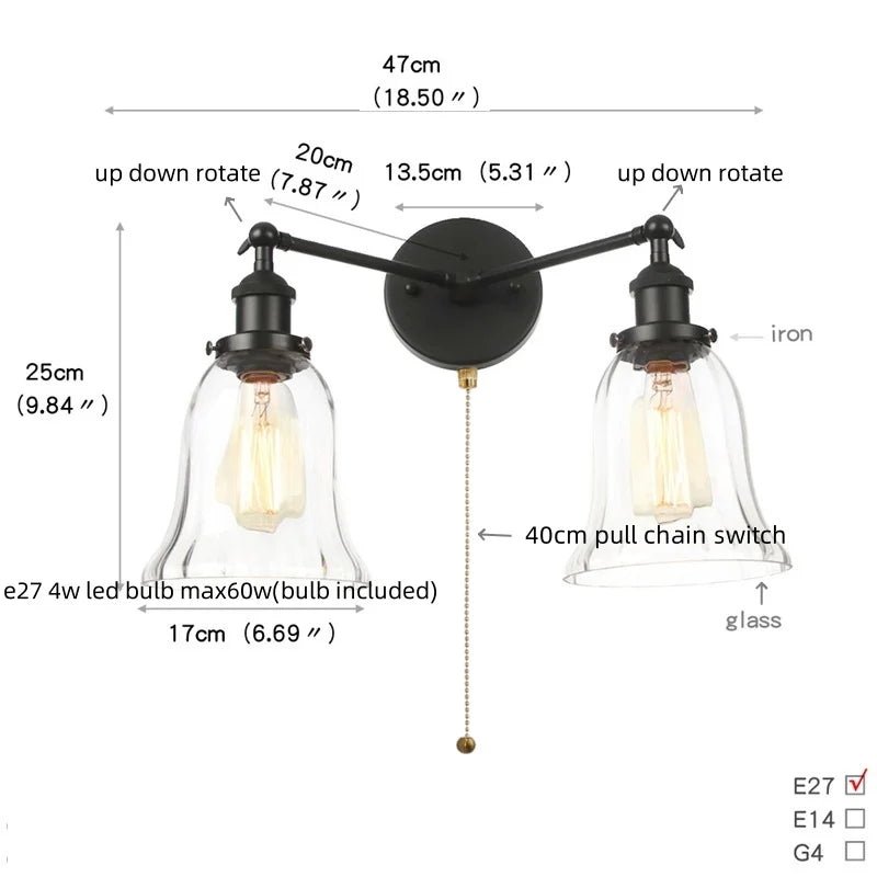 Artfan lighting Black LED Wall Lamp Sconce Industrial Loft Vintage Bathroom Mirror Light
