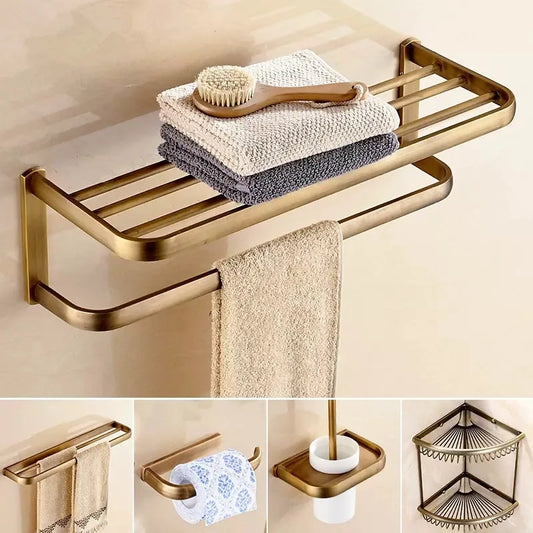 Artfan Antique Bronze Bathroom Accessory Set: Shelf, Towel Rack, Holder, Brush, Hanger, Hook