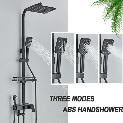 Artfan lighting Black Brass Shower Faucet Set Rainfall Bathtub Tap With Bathroom Shelf