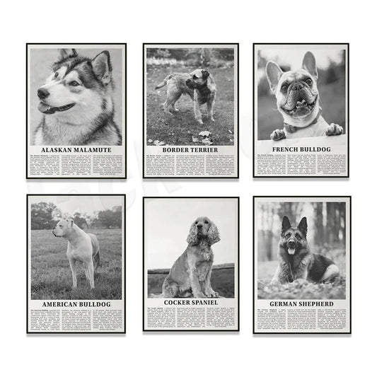 Artfan lighting Black & White Dog Breeds Poster: Greyhound, Cocker Spaniel, Akita, Malamute, Cattle Dog