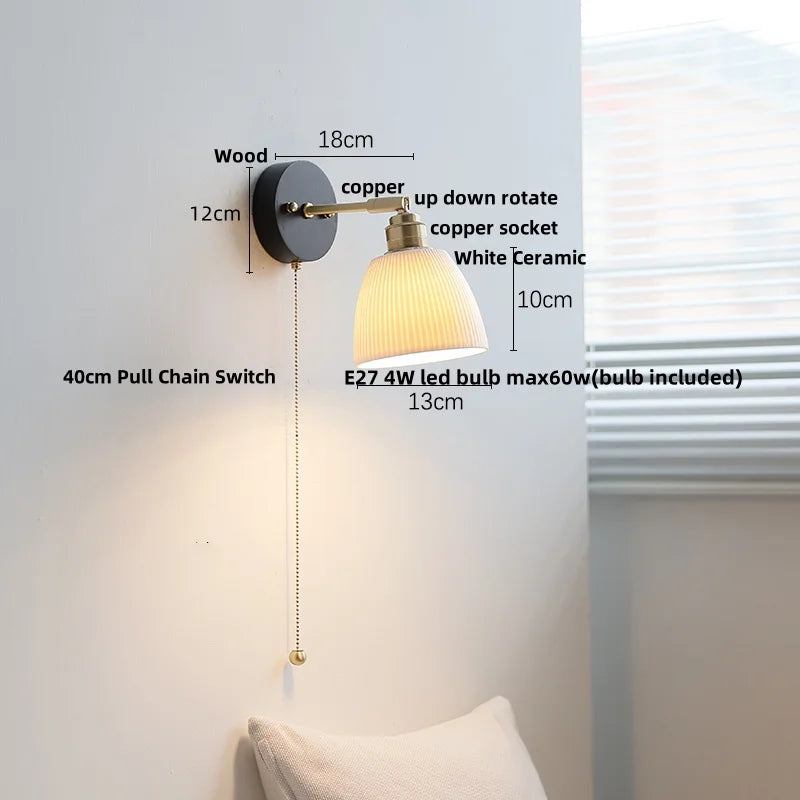 Artfan lighting Black Wood LED Wall Light with Pull Chain Switch, Rotating Japanese Style Bedside Lamp