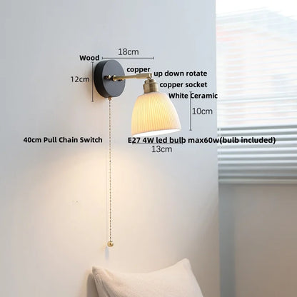 Artfan lighting Black Wood LED Wall Light with Pull Chain Switch, Rotating Japanese Style Bedside Lamp