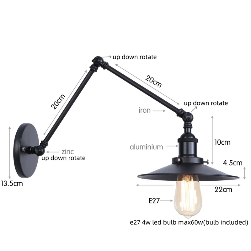 Artfan lighting Black Iron LED Wall Light Fixture Industrial Vintage Adjustable Long Arm