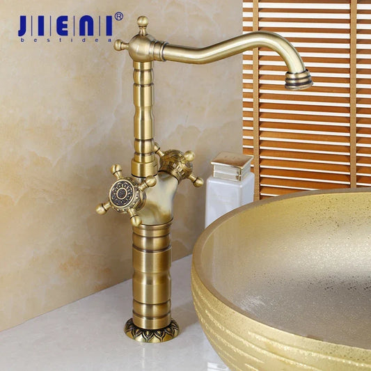 Artfan Antique Brass Carved Waterfall Bathroom Faucet Set Mixer Tap