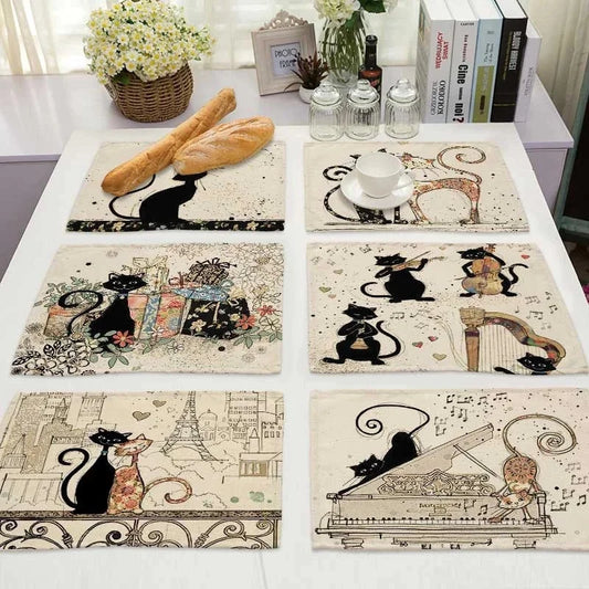 Artfan lighting Black Cat Linen Placemat Set for Dining Table & Kitchen Decor