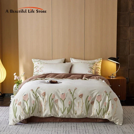 Artfan 4-Piece Egyptian Cotton Tulip Towel Embroidery Bedding Set