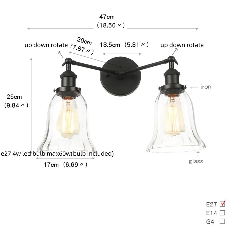 Artfan lighting Black LED Wall Lamp Sconce Industrial Loft Vintage Bathroom Mirror Light