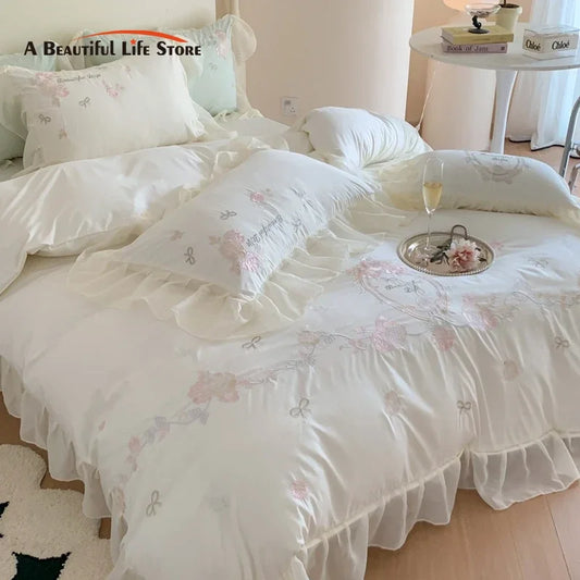 Artfan 4Pcs Flowers Embroidery Princess Queen Bedding Set with Lace Ruffles