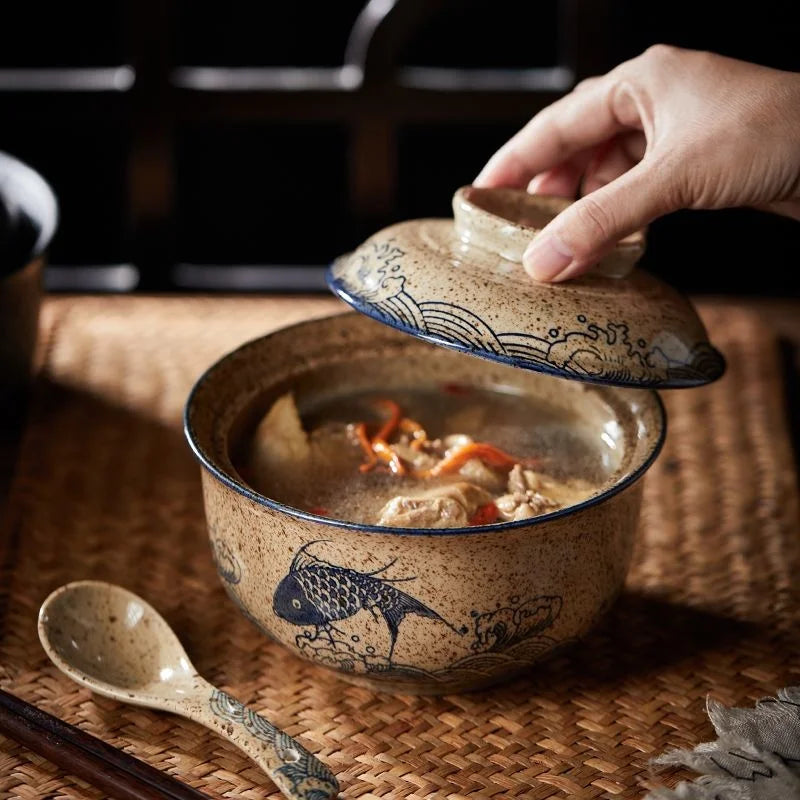 Artfan 6.5inch Retro Ceramic Ramen Bowl Set with Lid, Chopsticks, and Spoons