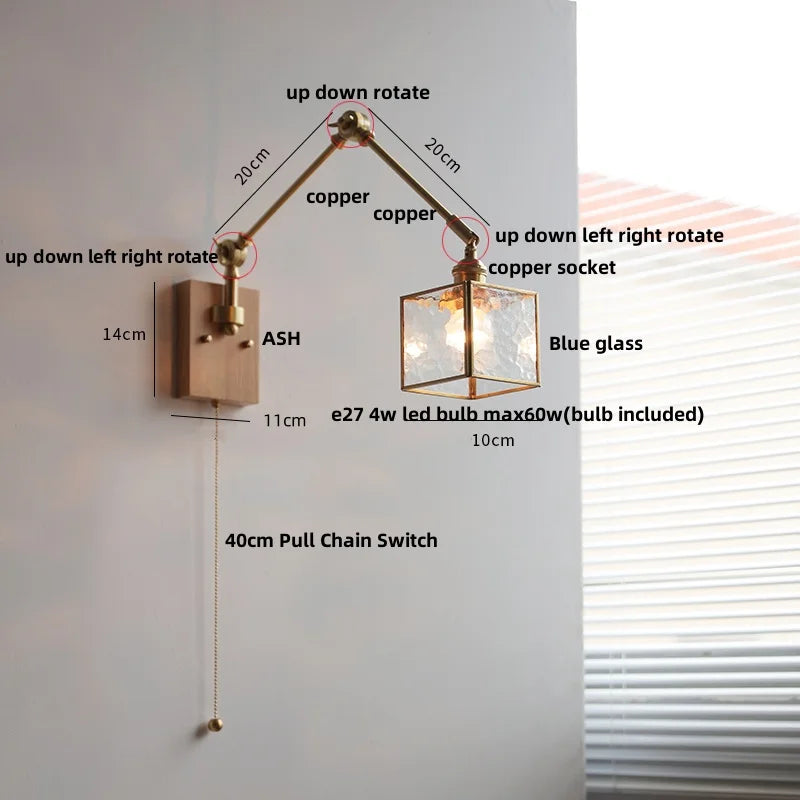 Artfan Ash Wood LED Wall Lights Swing Arms Blue Glass Bedside Lamp