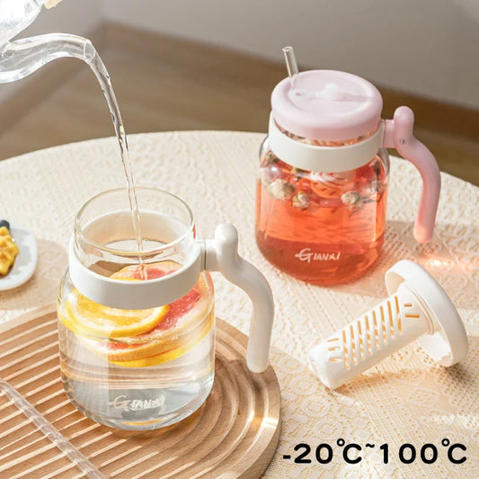 Artfan 1000ML Glass Tumbler with Lid, Straw & Handle - Transparent Coffee Cup Water Bottle